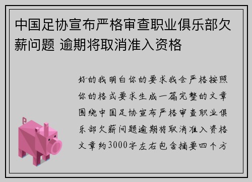 中国足协宣布严格审查职业俱乐部欠薪问题 逾期将取消准入资格